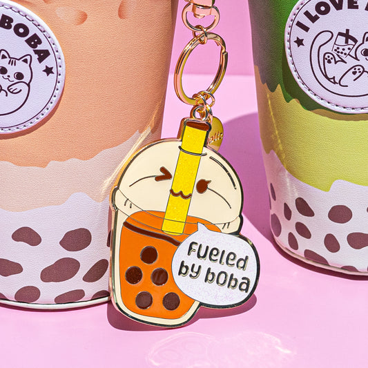 Glitter Metal Keychain - Boba Milk Tea