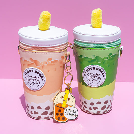 Glitter Metal Keychain - Boba Milk Tea